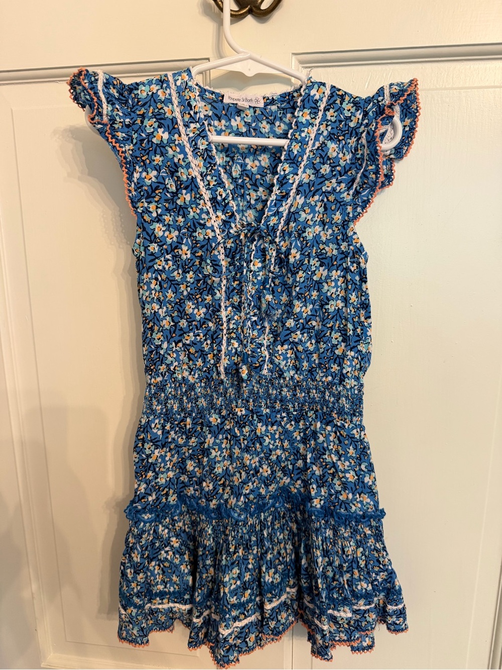 Poupette St. Barth Blue Floral Smocked Tiered Dress with Orange Trim